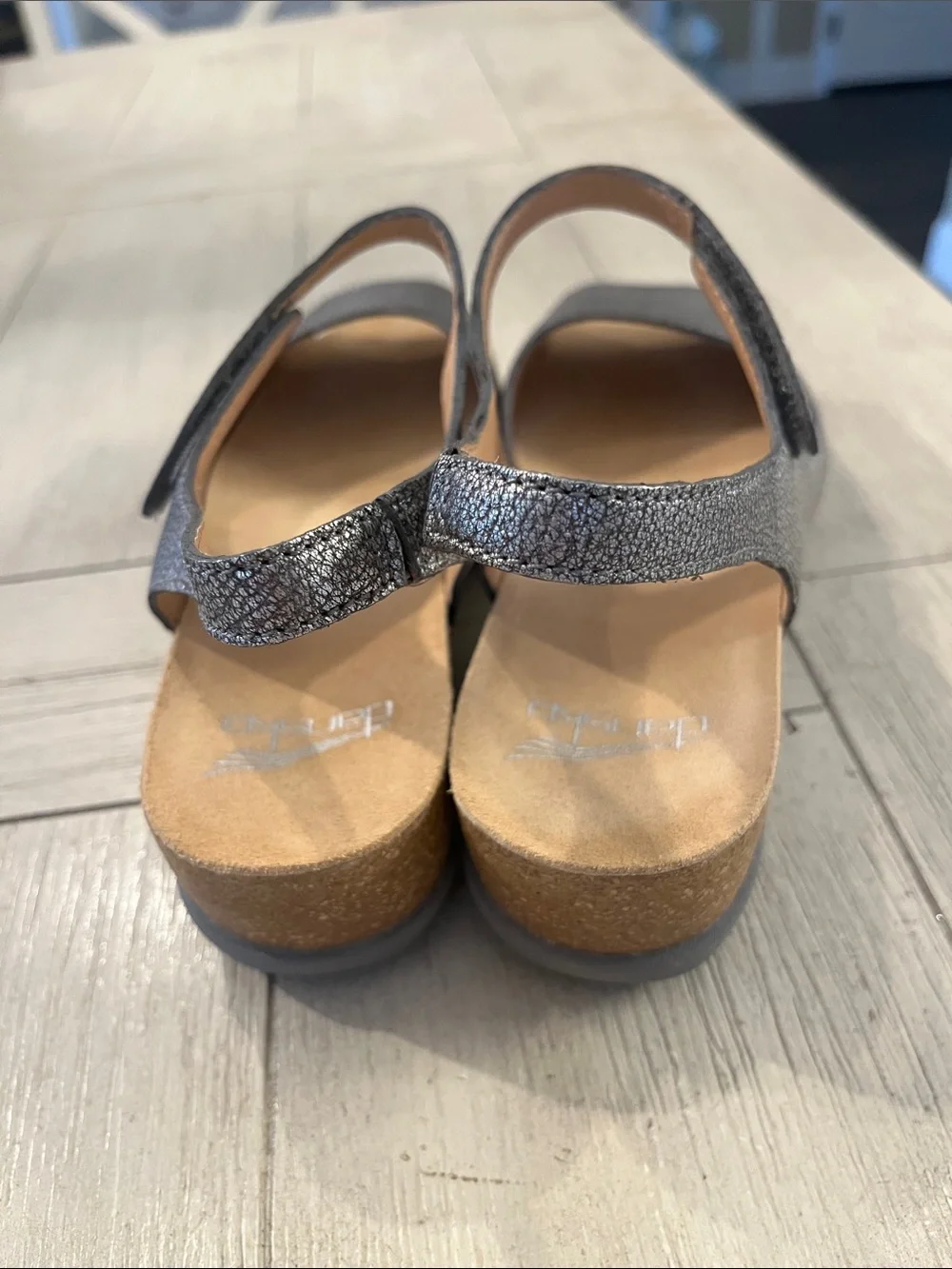 Dansko Metallic Silver Peep-Toe Slingback Wedge Sandals